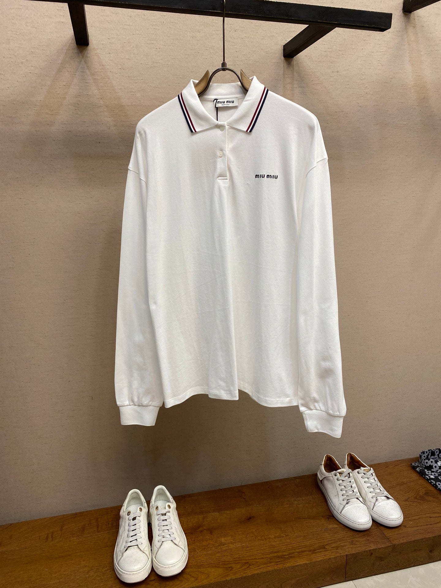 Miu Solid Color Long-Sleeve Polo Shirt with Embroidered Logo