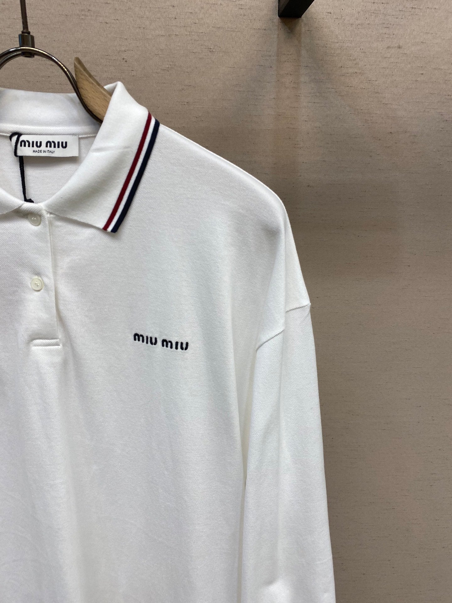 Miu Solid Color Long-Sleeve Polo Shirt with Embroidered Logo