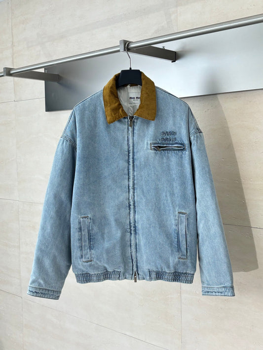Distressed Denim Cotton Jacket with Corduroy Collar