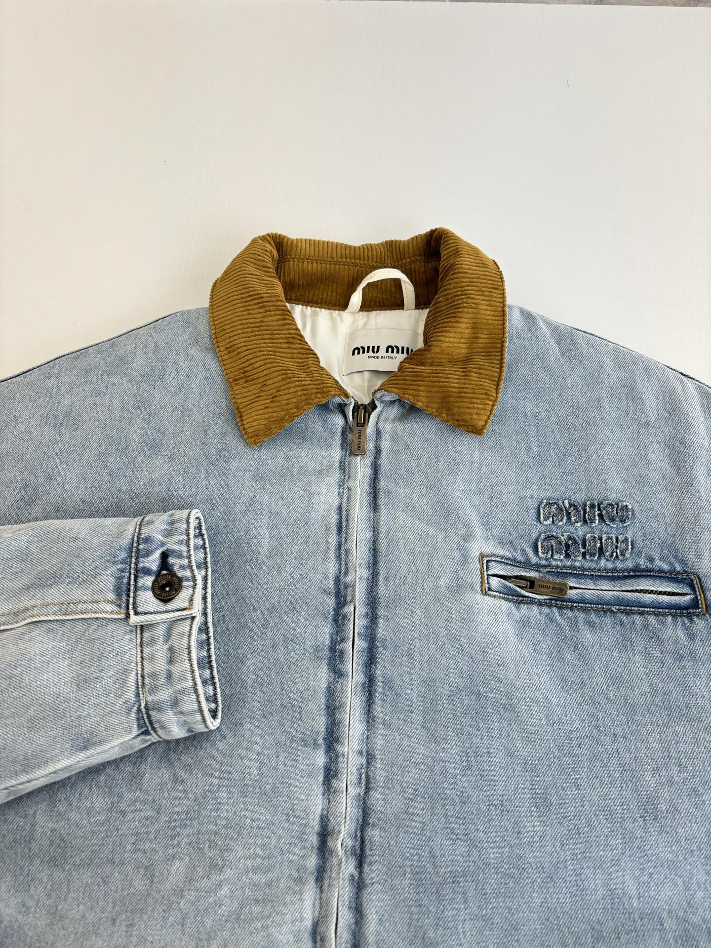 Distressed Denim Cotton Jacket with Corduroy Collar