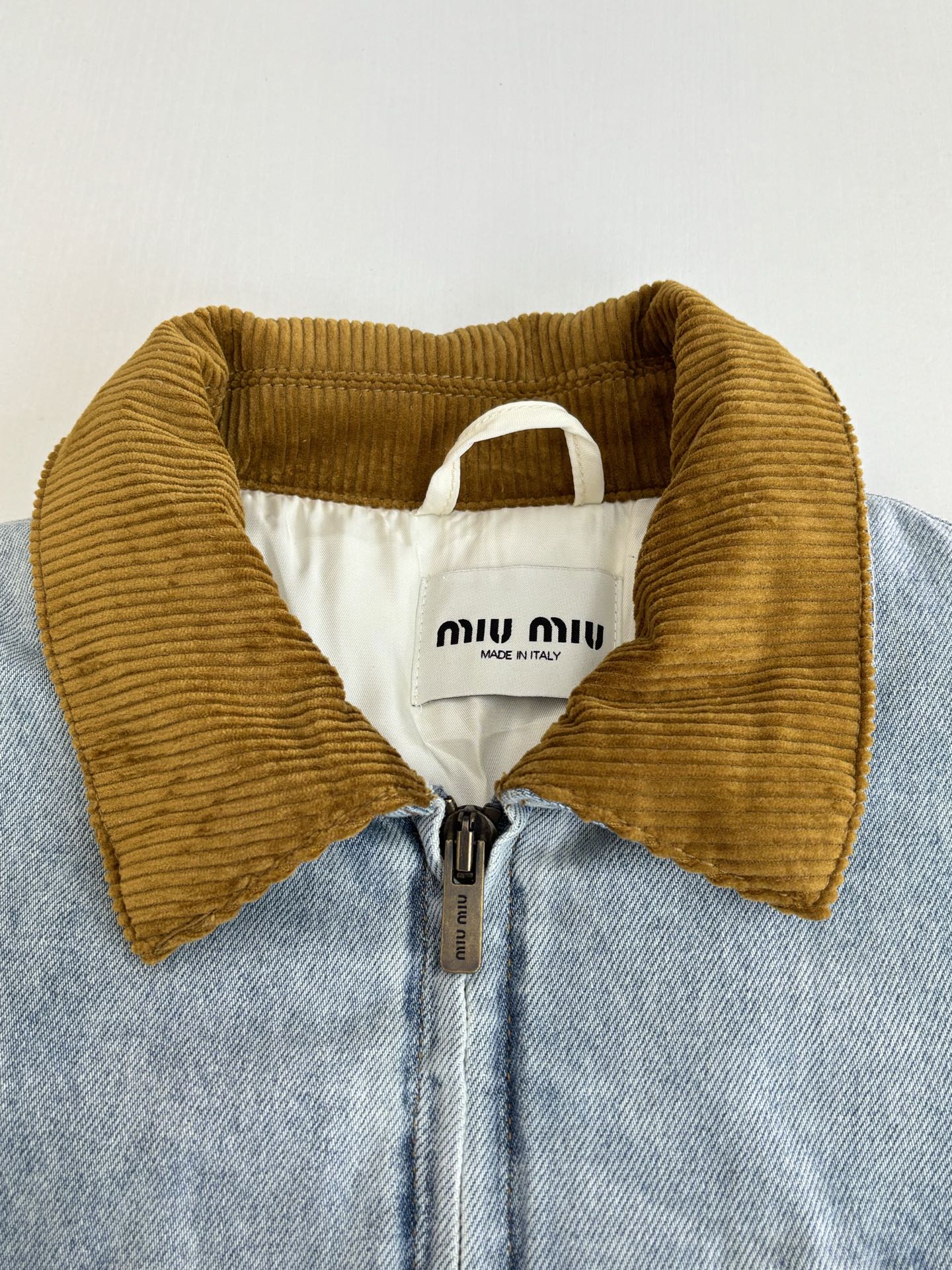 Distressed Denim Cotton Jacket with Corduroy Collar