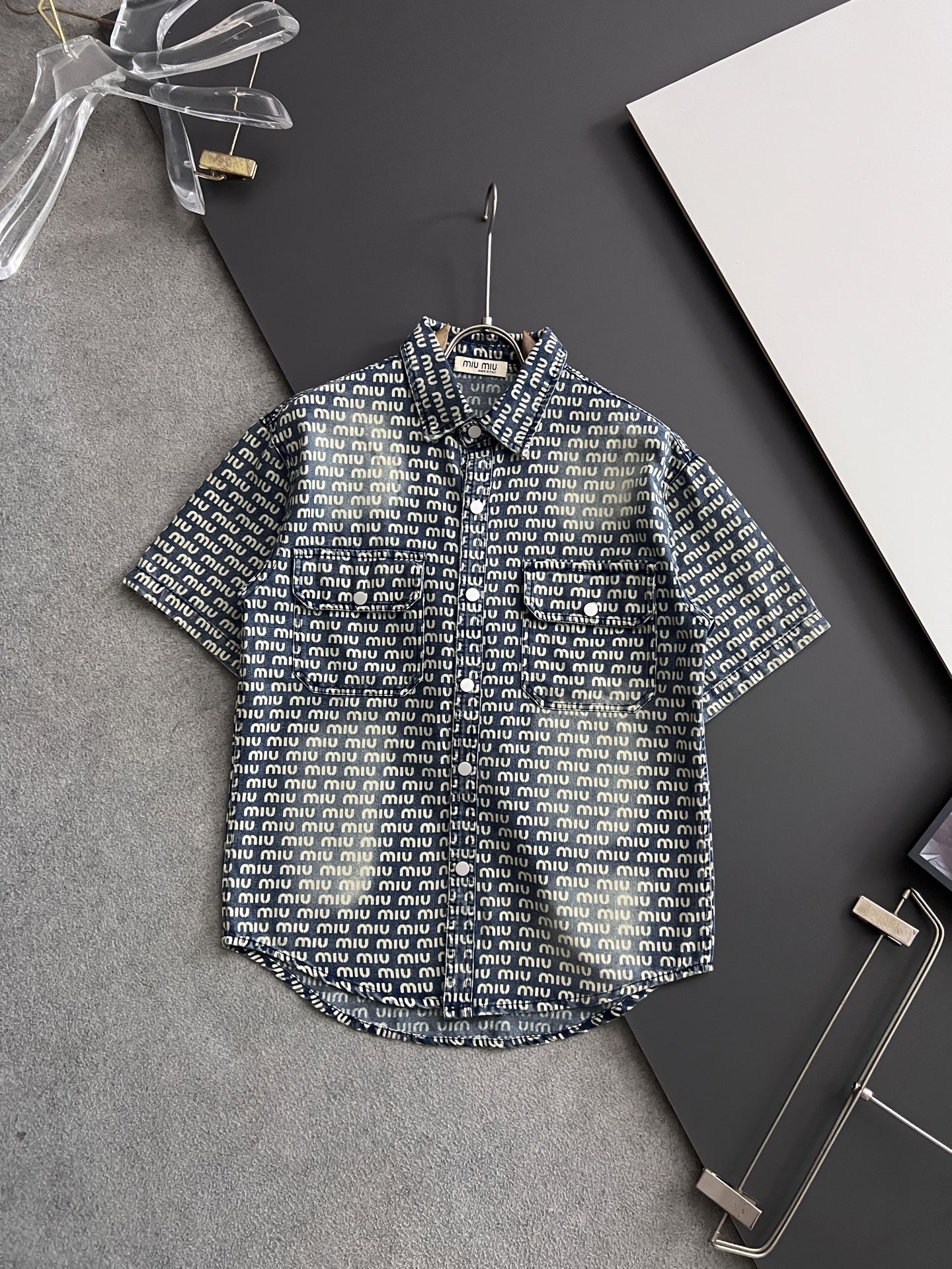 Miu New Monogram All-Over Printed Soft Denim Shirt
