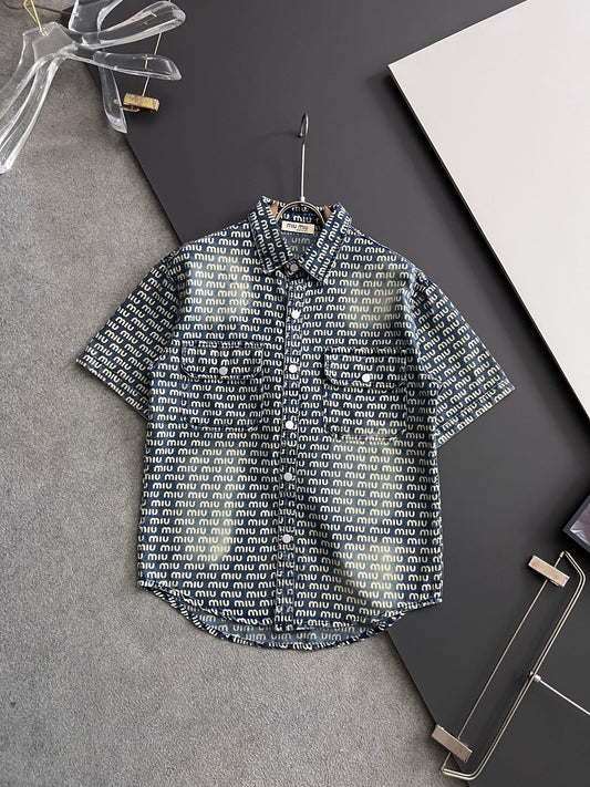Miu New Monogram All-Over Printed Soft Denim Shirt