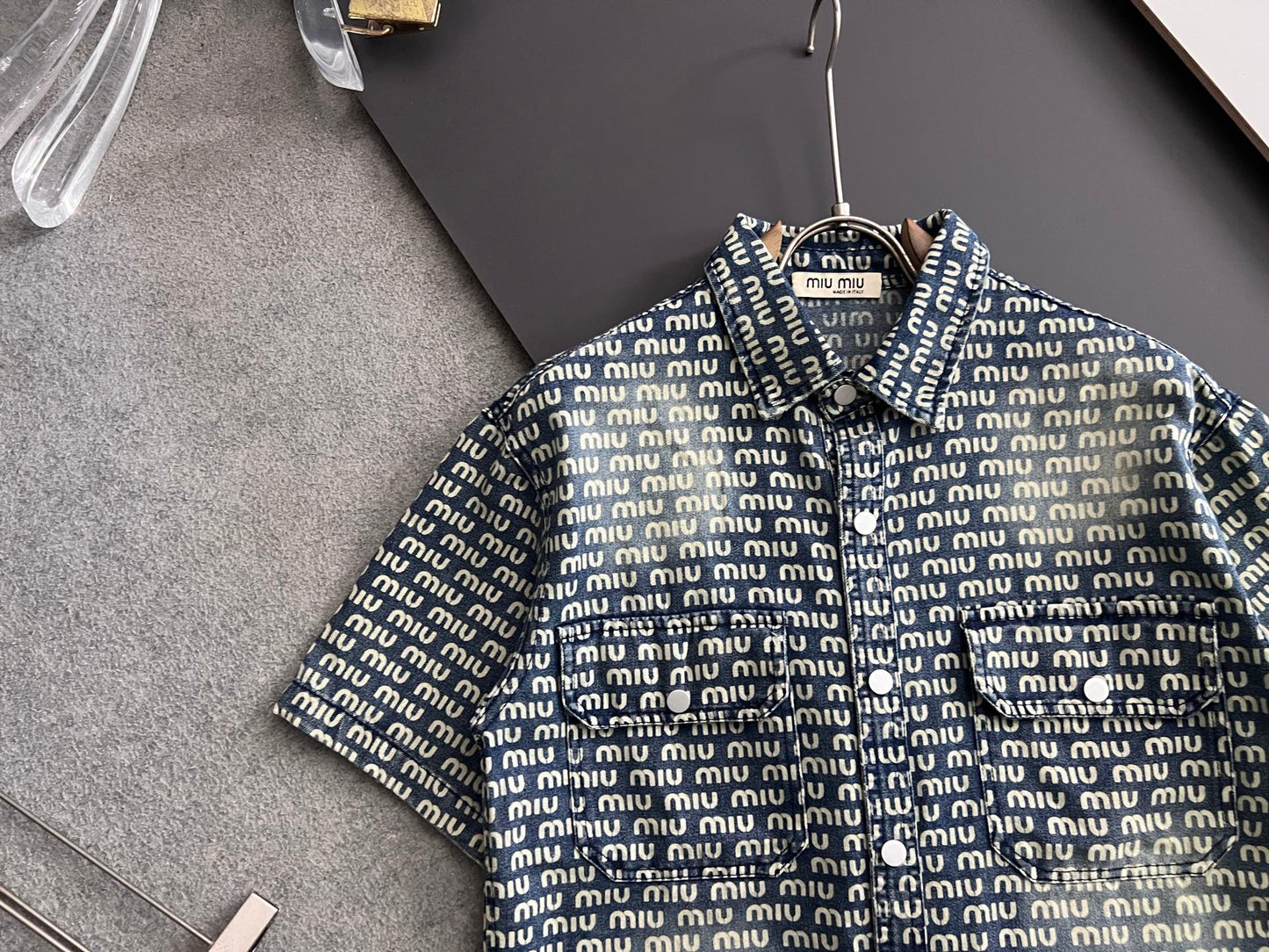 Miu New Monogram All-Over Printed Soft Denim Shirt